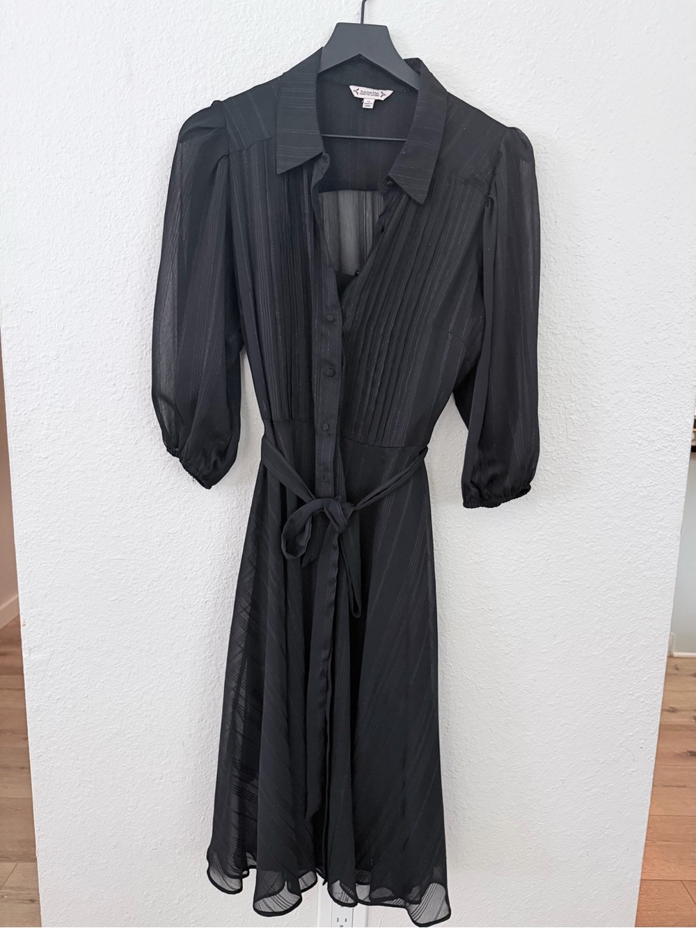 Nanette Lepore Black Sheer Tie Waist Midi Dress w/ Slip